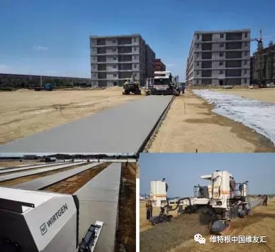 上：攤鋪完的廠房地坪混凝土板；下左：安裝在機身后部伸長臂上的超級抹平器，對混凝土表面進行進一步修復和處理；下右：一臺 SP 25 滑模攤鋪機即可整合所有傳統(tǒng)施工步驟，實現(xiàn)同步一體化作業(yè)